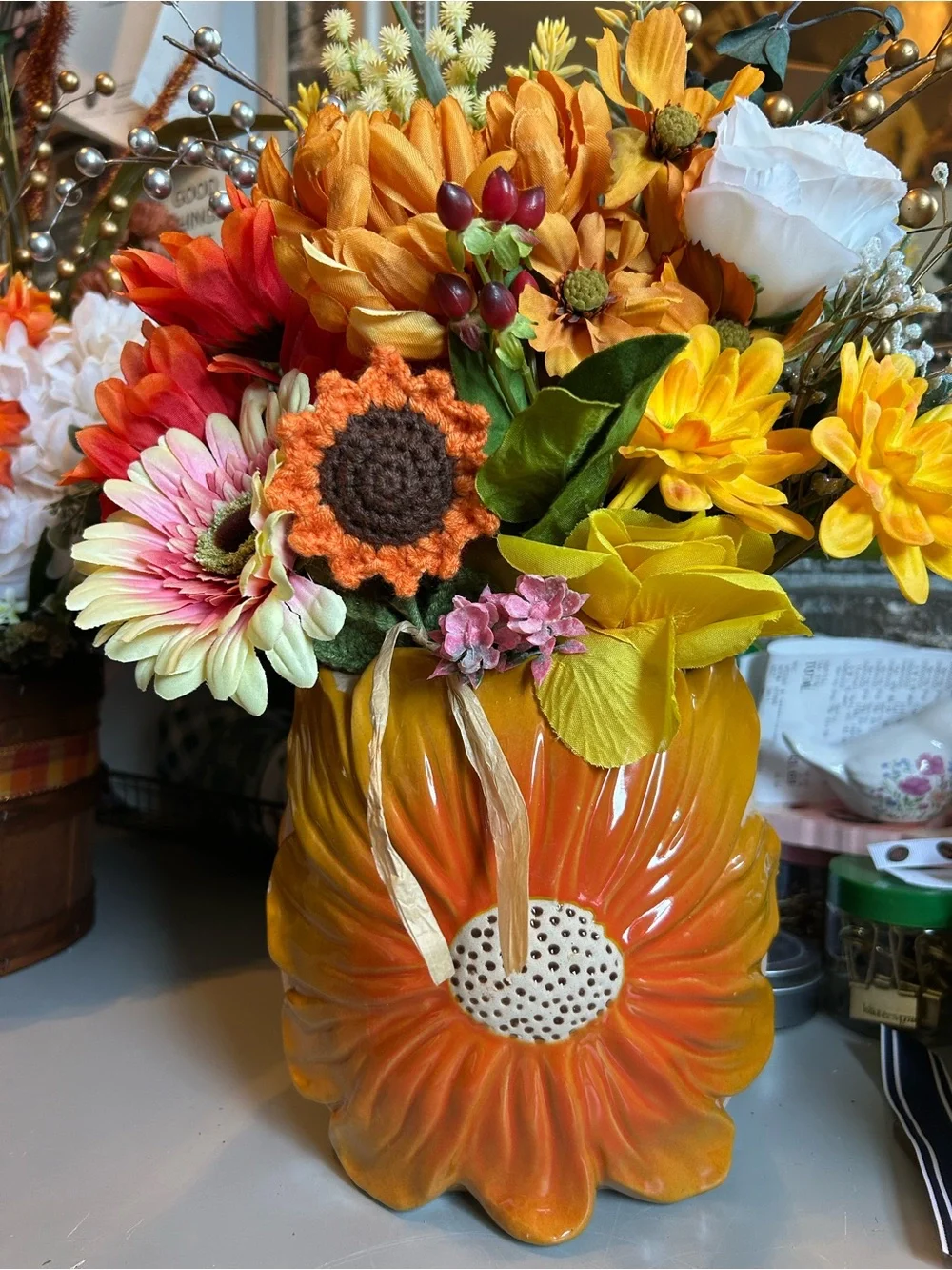 Hand Crafted Orange and Yellow Sunflower Ceramic Vase with Mixed Floral Bouquet